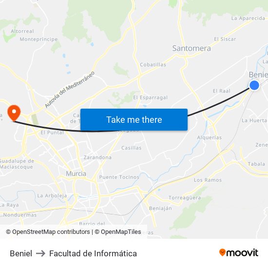 Beniel to Facultad de Informática map