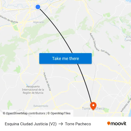 Esquina Ciudad Justicia (V2) to Torre Pacheco map