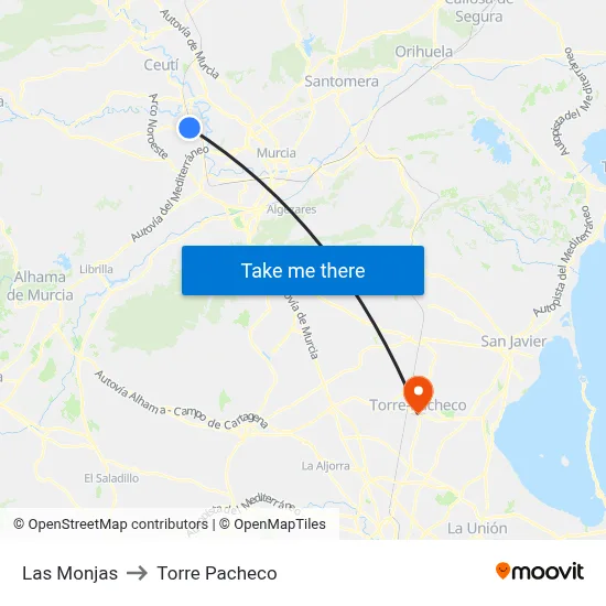 Las Monjas to Torre Pacheco map