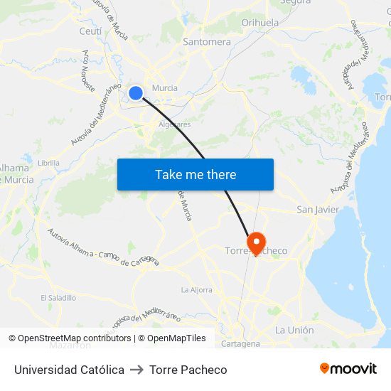 Universidad Católica to Torre Pacheco map