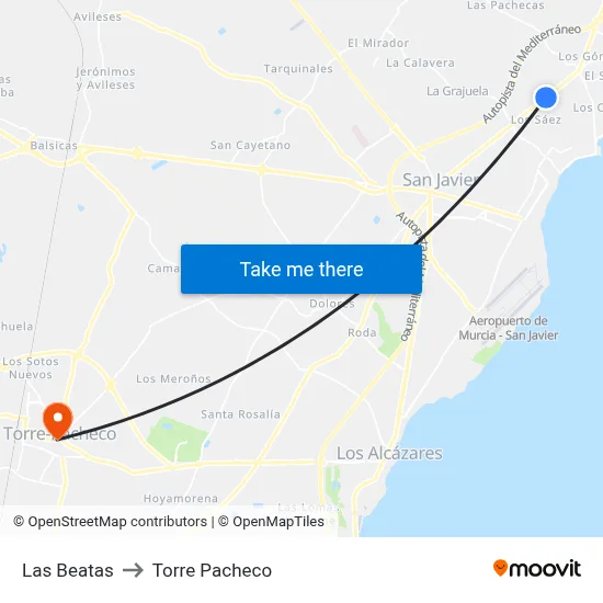 Las Beatas to Torre Pacheco map