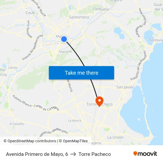 Avenida Primero de Mayo, 6 to Torre Pacheco map