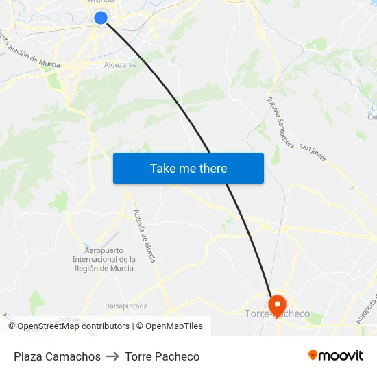Plaza Camachos to Torre Pacheco map