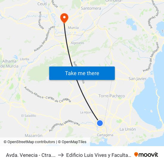Avda. Venecia - Ctra. de Murcia to Edificio Luis Vives y Facultad de Filosofía map