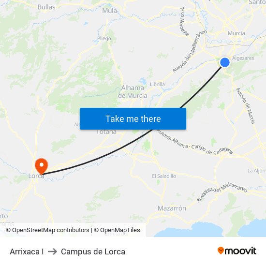 Arrixaca I to Campus de Lorca map