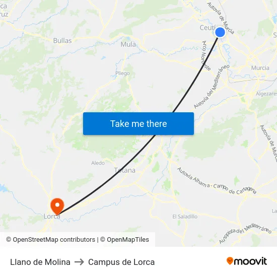 Llano de Molina to Campus de Lorca map
