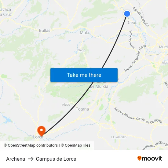 Archena to Campus de Lorca map