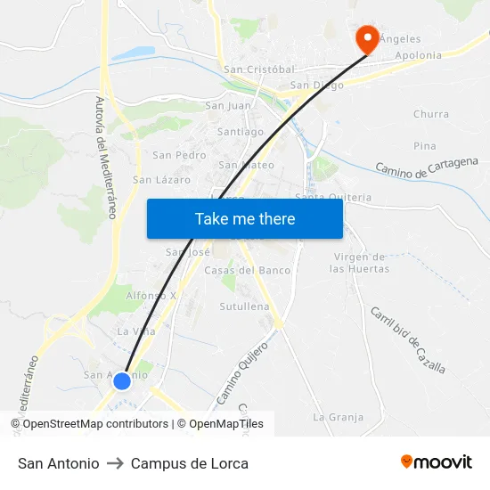 San Antonio to Campus de Lorca map