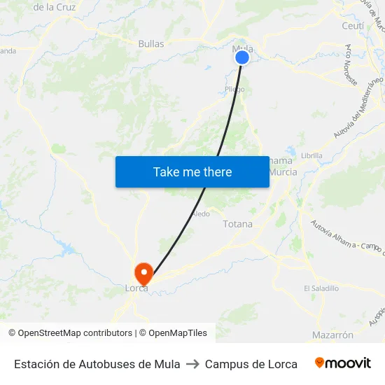 Estación de Autobuses de Mula to Campus de Lorca map