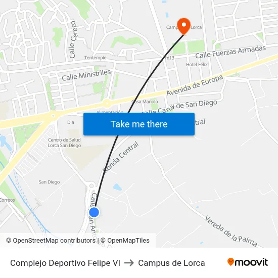 Complejo Deportivo Felipe VI to Campus de Lorca map