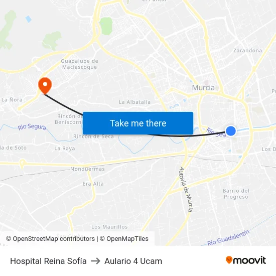 Hospital Reina Sofía to Aulario 4 Ucam map