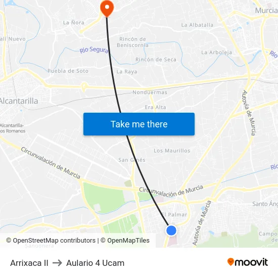 Arrixaca II to Aulario 4 Ucam map