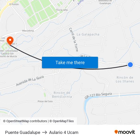 Puente Guadalupe to Aulario 4 Ucam map