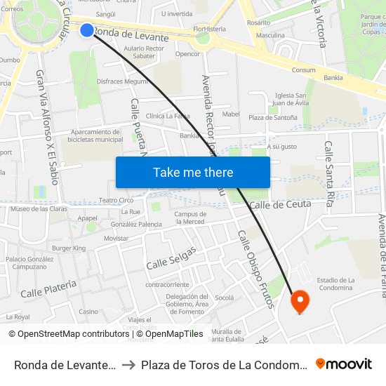 Ronda de Levante, 6 to Plaza de Toros de La Condomina map