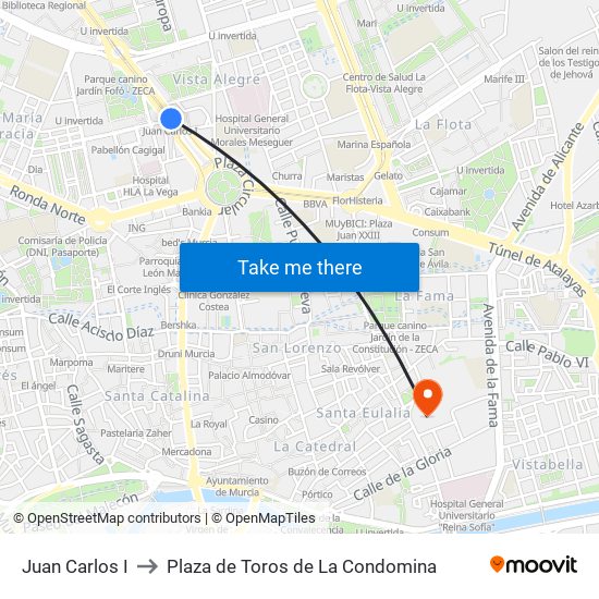 Juan Carlos I to Plaza de Toros de La Condomina map
