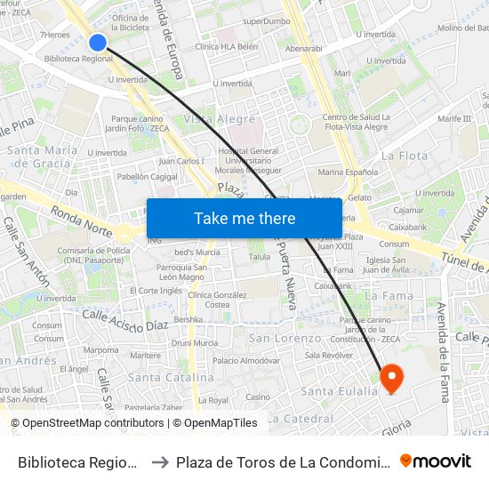 Biblioteca Regional to Plaza de Toros de La Condomina map