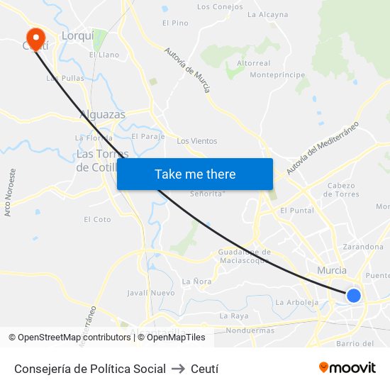 Consejería de Política Social to Ceutí map