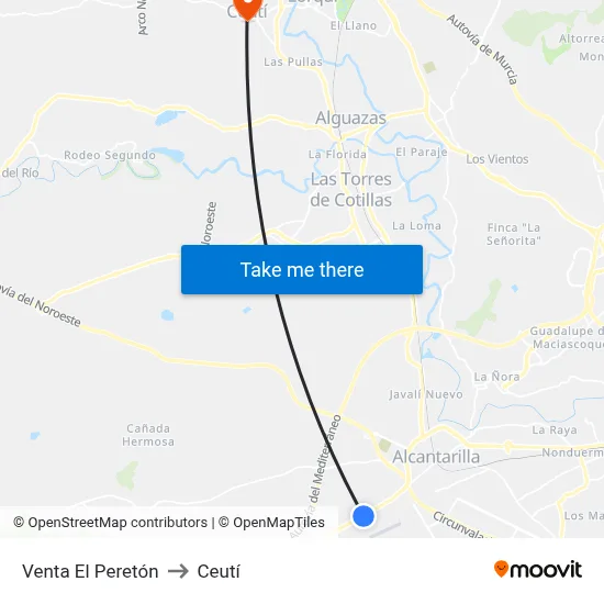 Venta El Peretón to Ceutí map