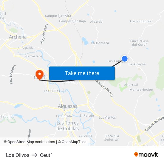 Los Olivos to Ceutí map