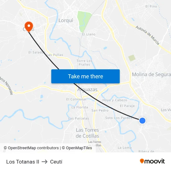 Los Totanas II to Ceutí map