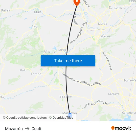 Mazarrón to Ceutí map