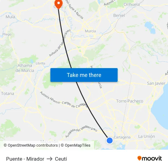 Puente - Mirador to Ceutí map