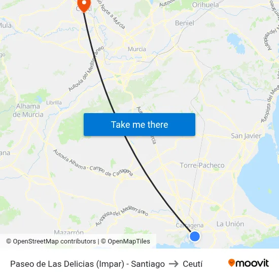 Paseo de Las Delicias (Impar) - Santiago to Ceutí map