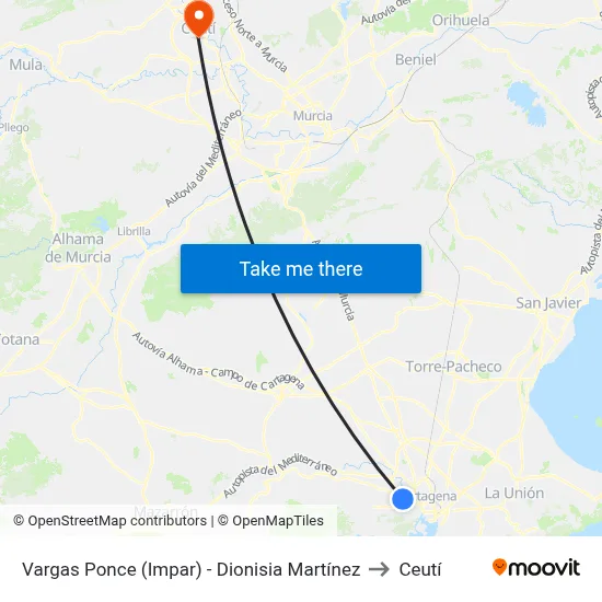Vargas Ponce (Impar) - Dionisia Martínez to Ceutí map