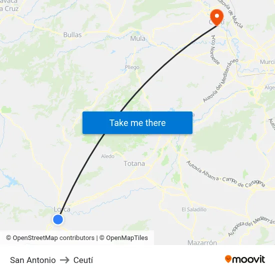 San Antonio to Ceutí map