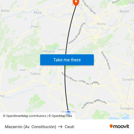 Mazarrón (Av. Constitución) to Ceutí map