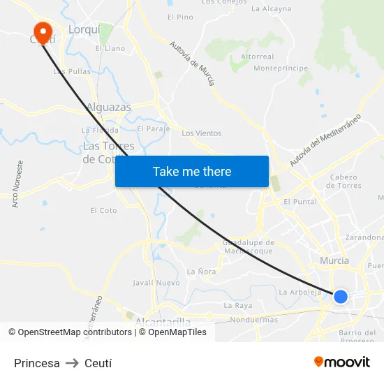 Princesa to Ceutí map