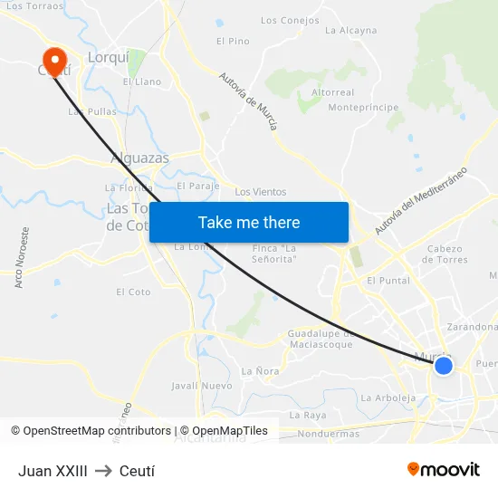 Juan XXIII to Ceutí map