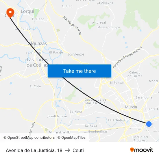 Avenida de La Justicia, 18 to Ceutí map