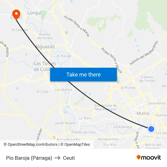 Pío Baroja (Párraga) to Ceutí map
