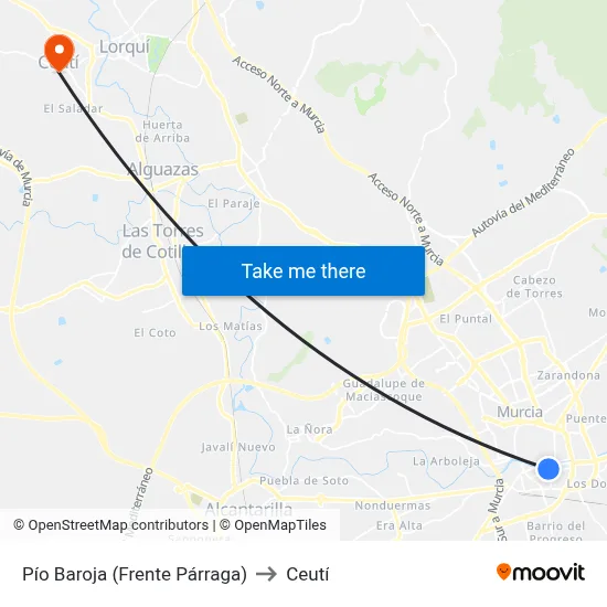 Pío Baroja (Frente Párraga) to Ceutí map