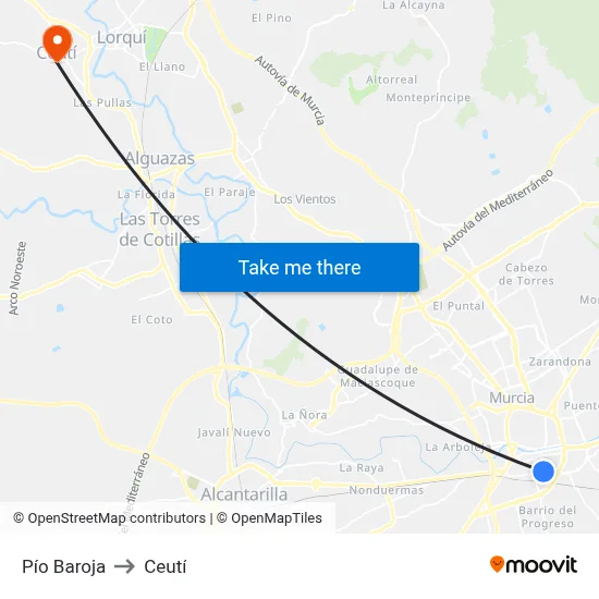 Pío Baroja to Ceutí map