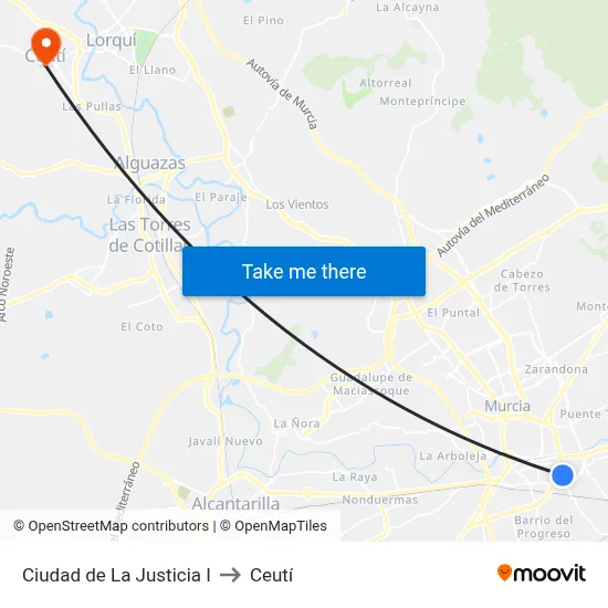 Ciudad de La Justicia I to Ceutí map