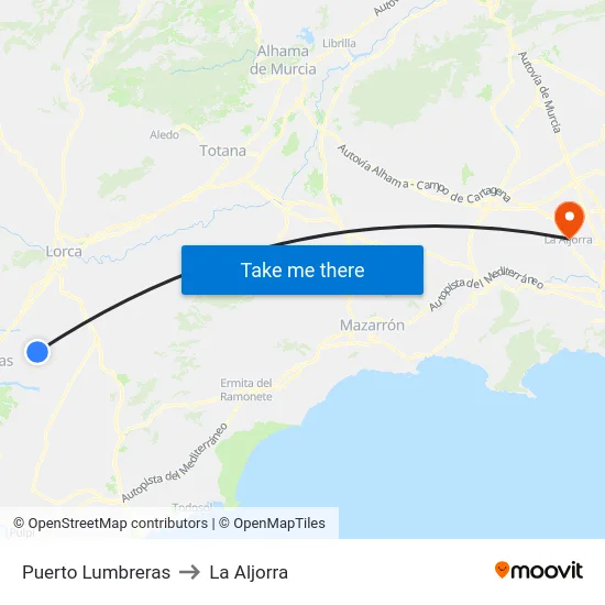 Puerto Lumbreras to La Aljorra map
