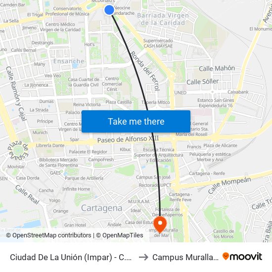 Ciudad De La Unión (Impar) - C.C. Mandarache to Campus Muralla Del Mar map