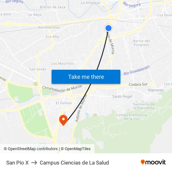 San Pío X to Campus Ciencias de La Salud map