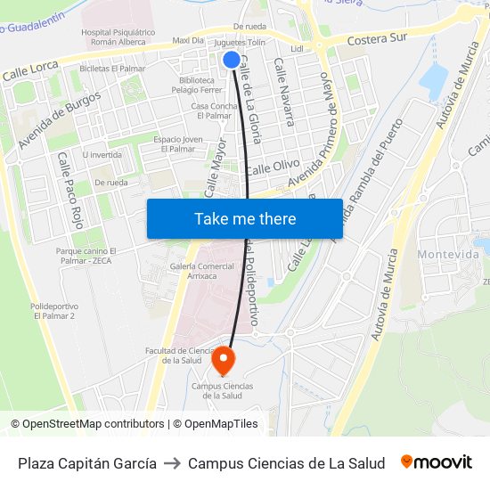 Plaza Capitán García to Campus Ciencias de La Salud map