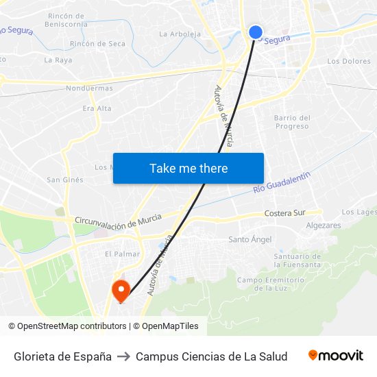 Glorieta de España to Campus Ciencias de La Salud map