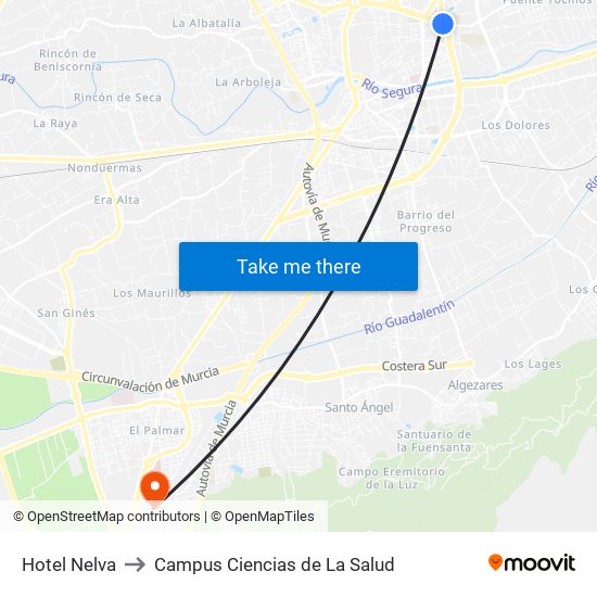 Hotel Nelva to Campus Ciencias de La Salud map