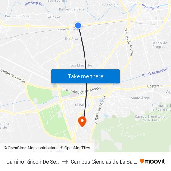 Camino Rincón De Seca to Campus Ciencias de La Salud map
