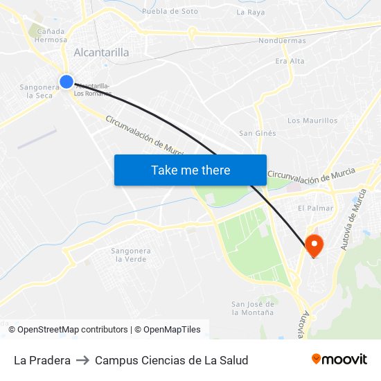 La Pradera to Campus Ciencias de La Salud map