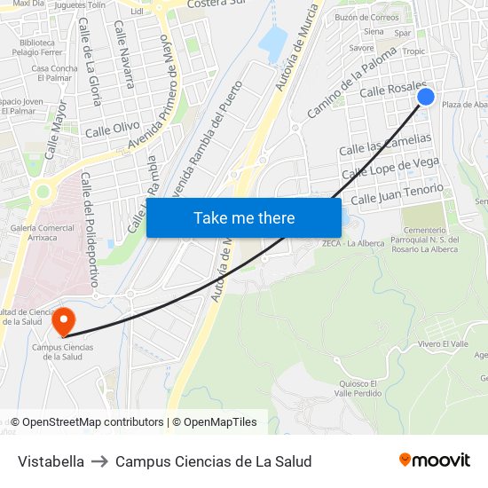 Vistabella to Campus Ciencias de La Salud map