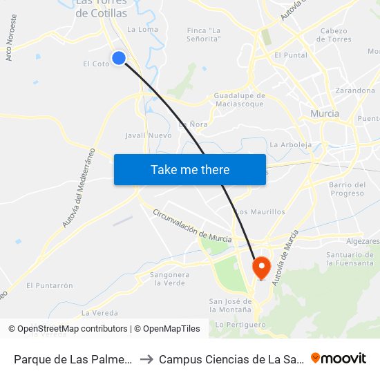 Parque de Las Palmeras to Campus Ciencias de La Salud map
