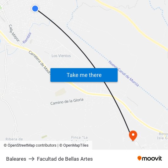 Baleares to Facultad de Bellas Artes map