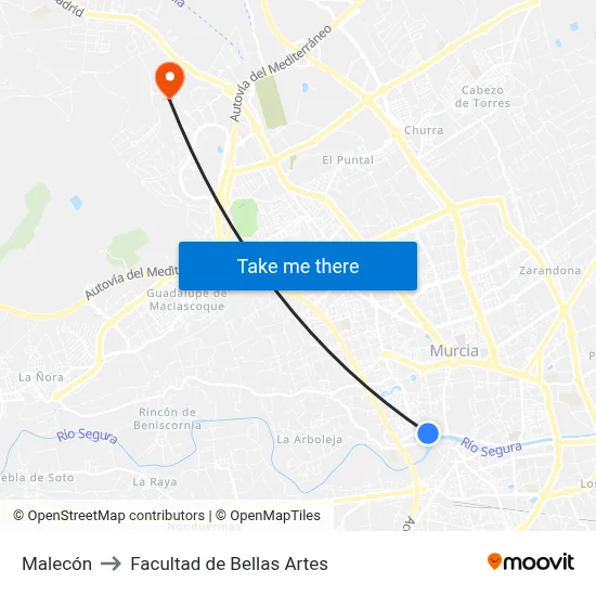 Malecón to Facultad de Bellas Artes map