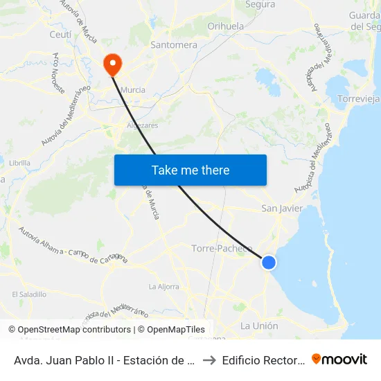 Avda. Juan Pablo II - Estación de Autobuses to Edificio Rector Soler map
